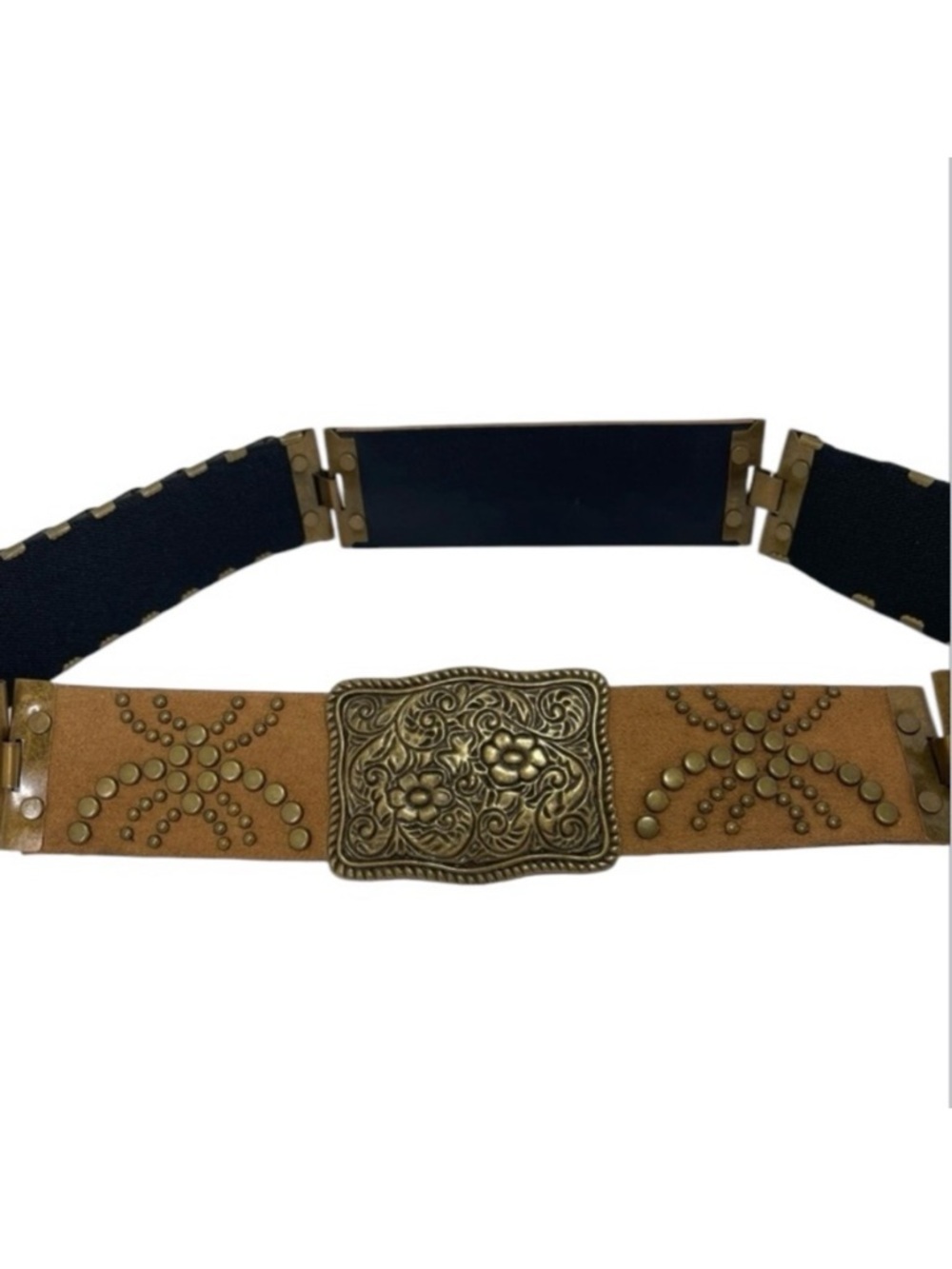 Studded Stretch Metal Scales Waist Belt Brass Floral Buckle Grunge Size M/32